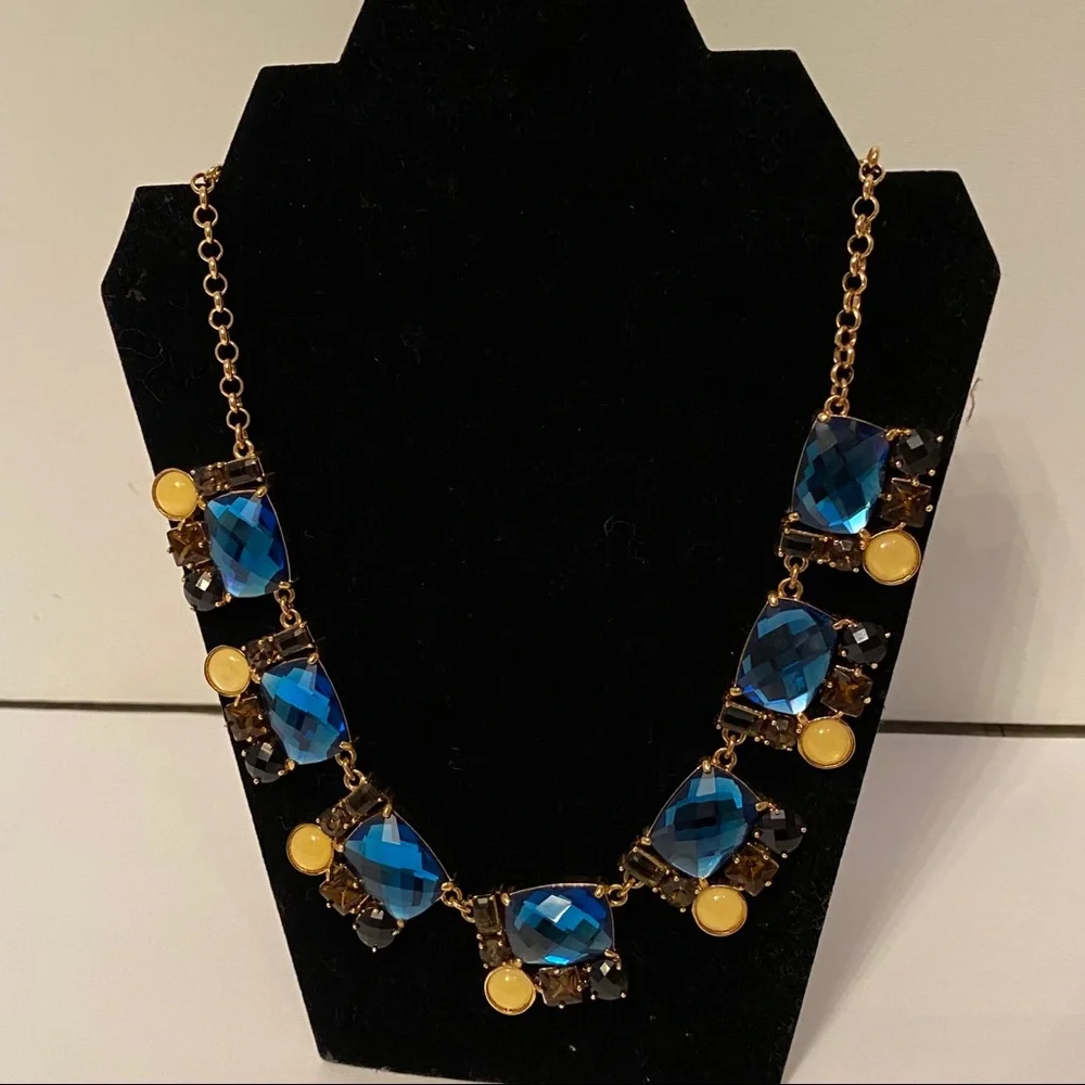 KATE SPADE NECKLACE GOLD STATEMENT BLUE FACETED GEM MEDALLIONS 20”